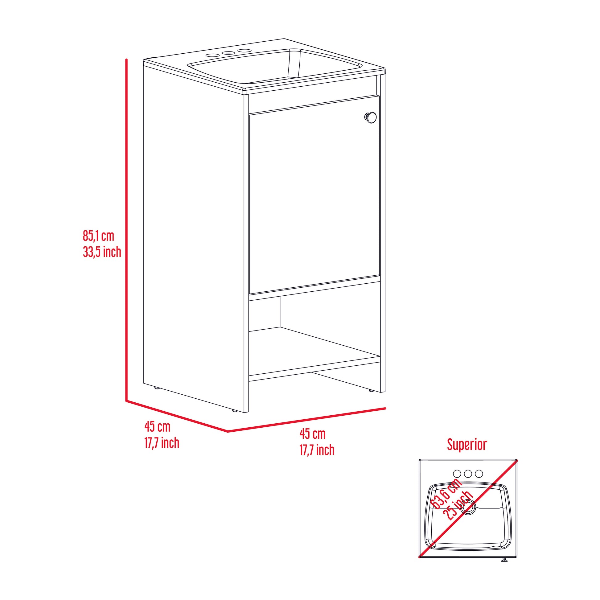 White bathroom vanity cabinet with single door and open shelf