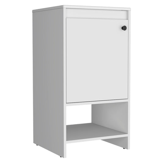 Minimalist white bedside cabinet with a single door and open shelf