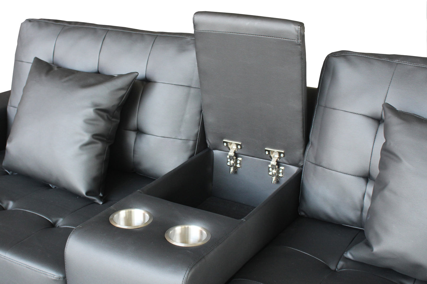 Black faux leather sofa with builtin cup holders and storage console