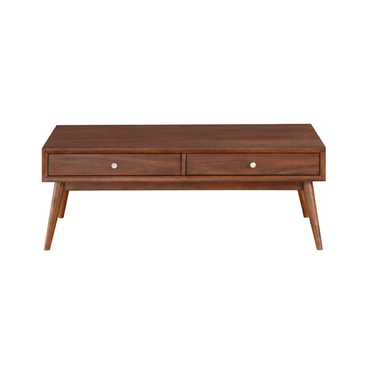 Midcentury modern walnut coffee table with two drawers and tapered legs