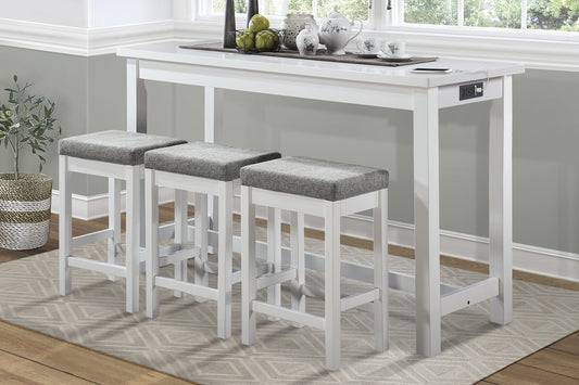 Modern white counter height table with three grey upholstered stools and builtin charging outlets