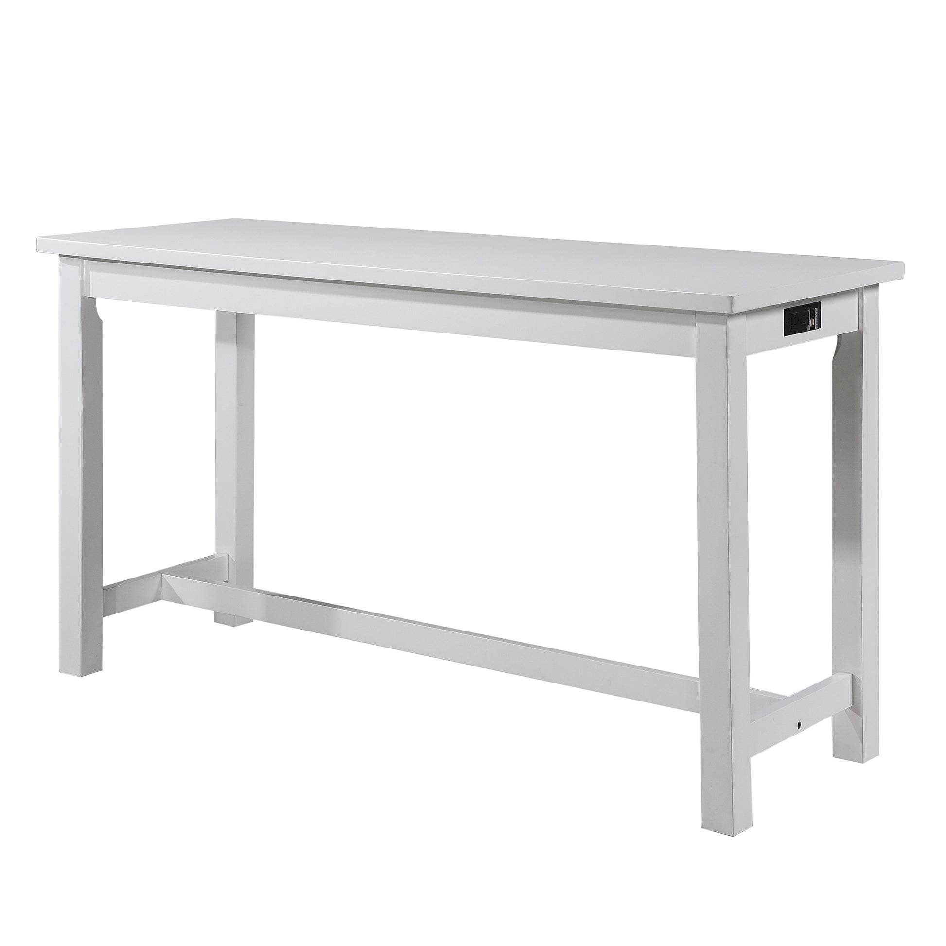 White counter height table with integrated USB ports and outlets for convenient charging