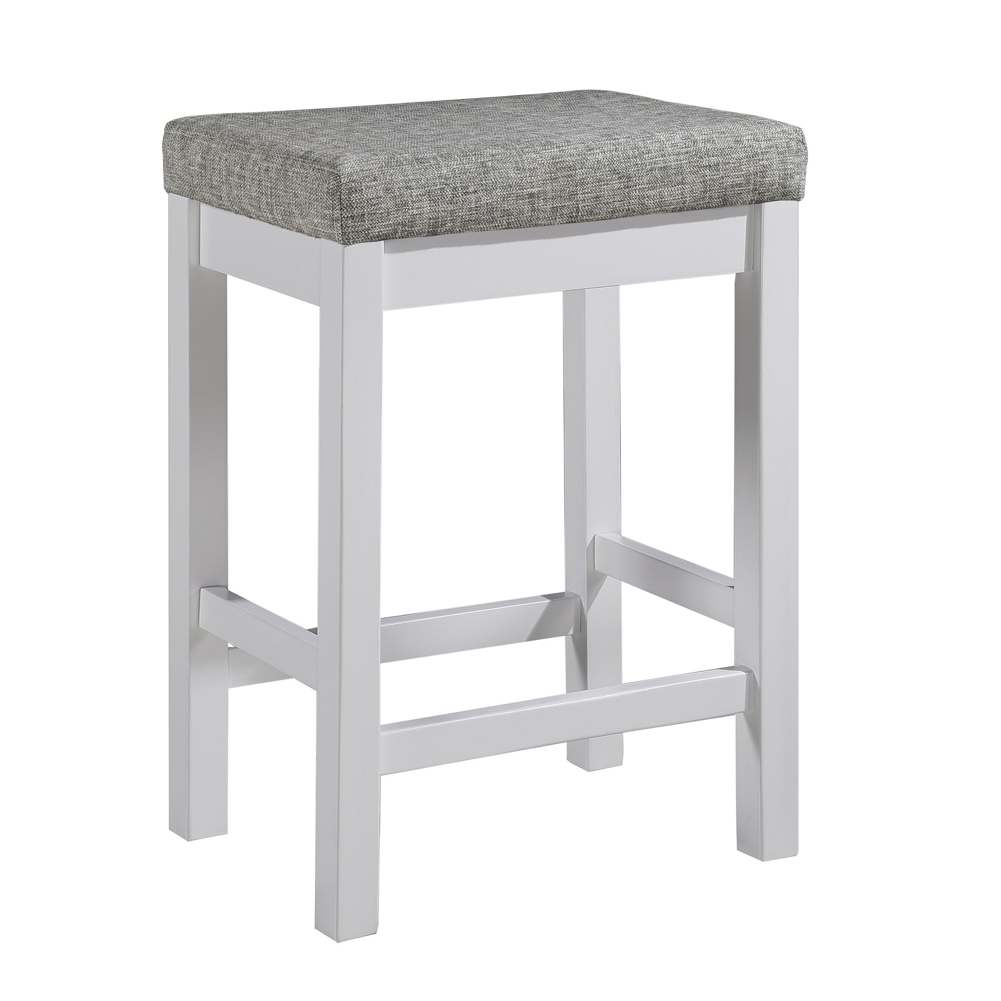 White bar stool with a gray textured fabric seat ideal for kitchens
