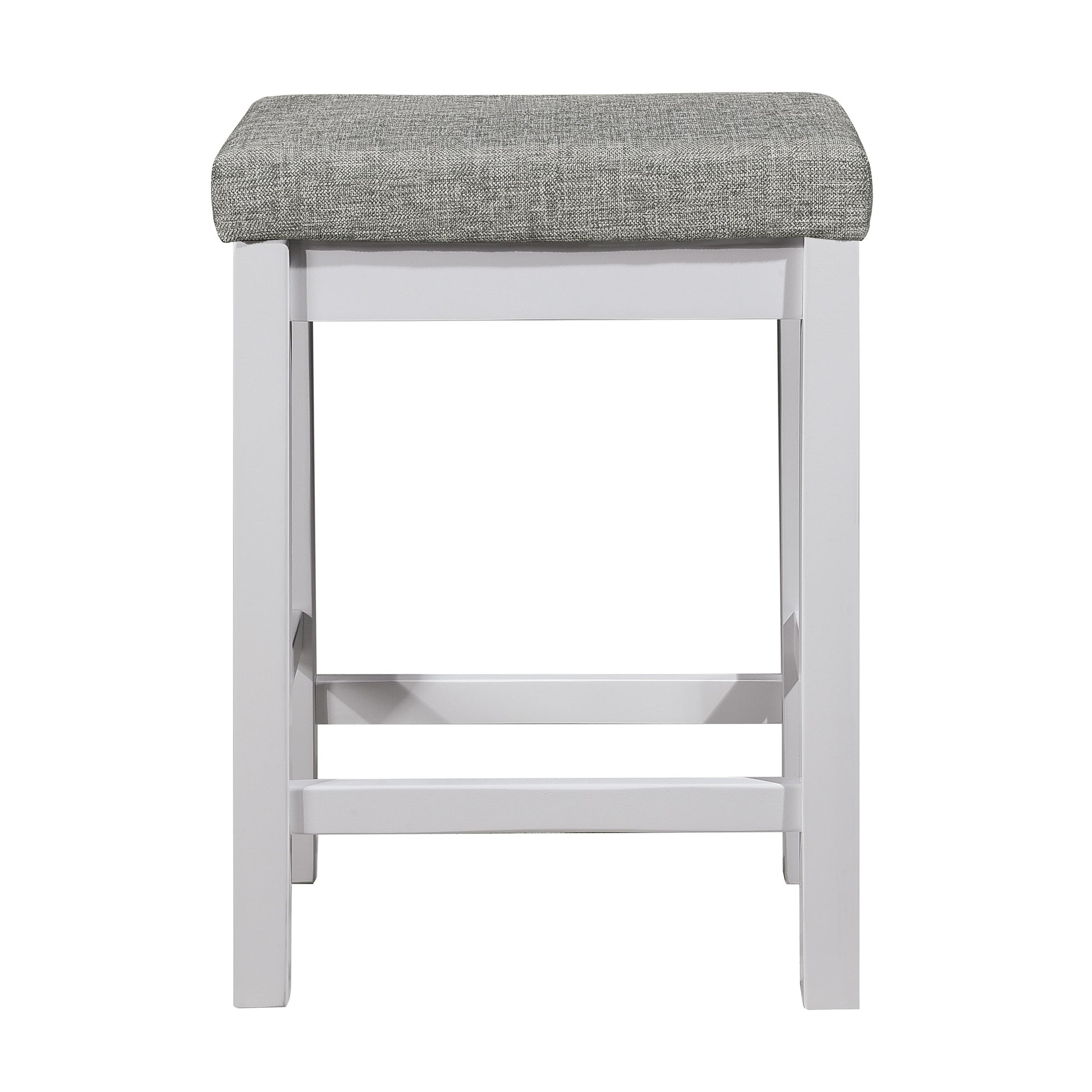 White wooden counter stool with gray fabric seat