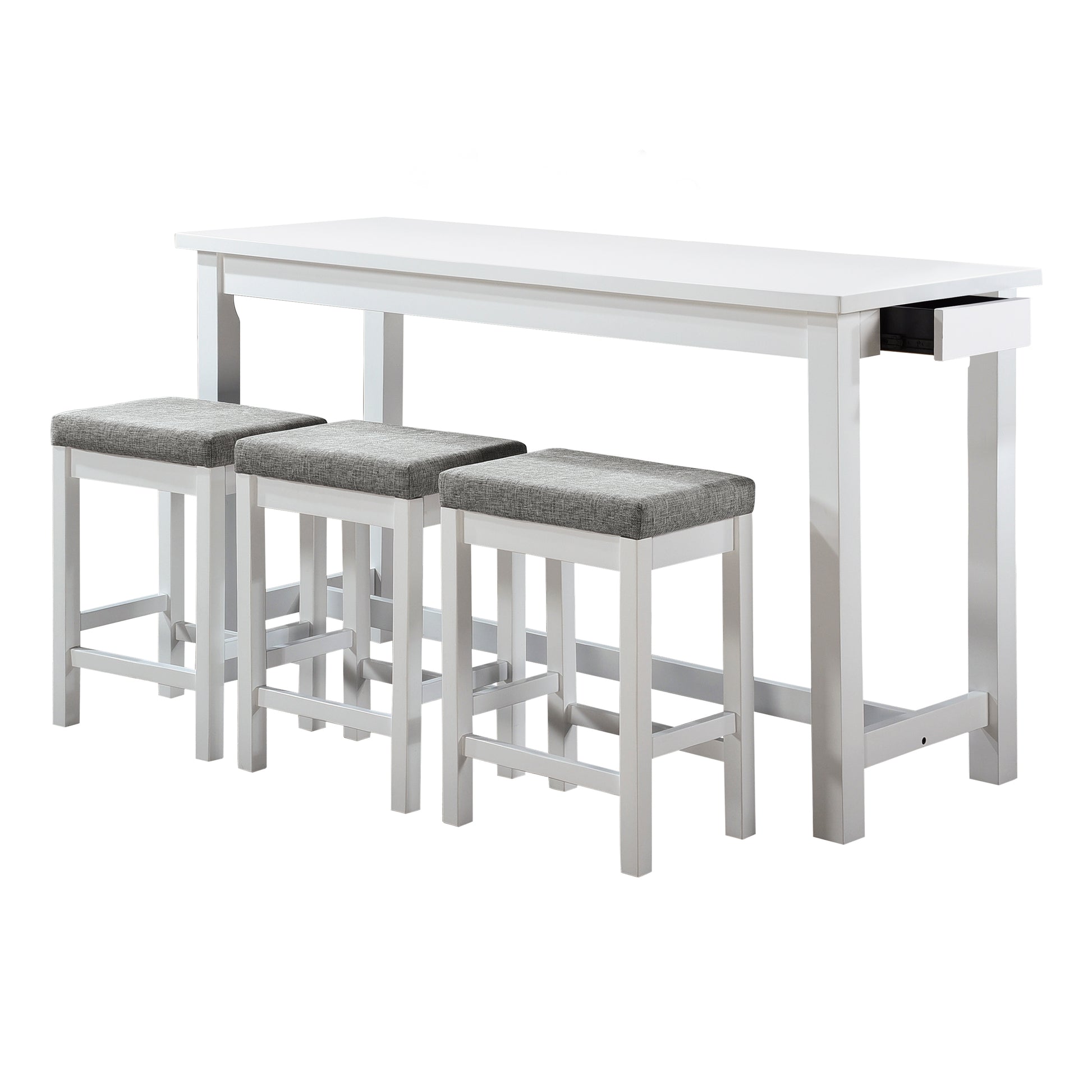 White modern bar table with three grey upholstered stools and a drawer