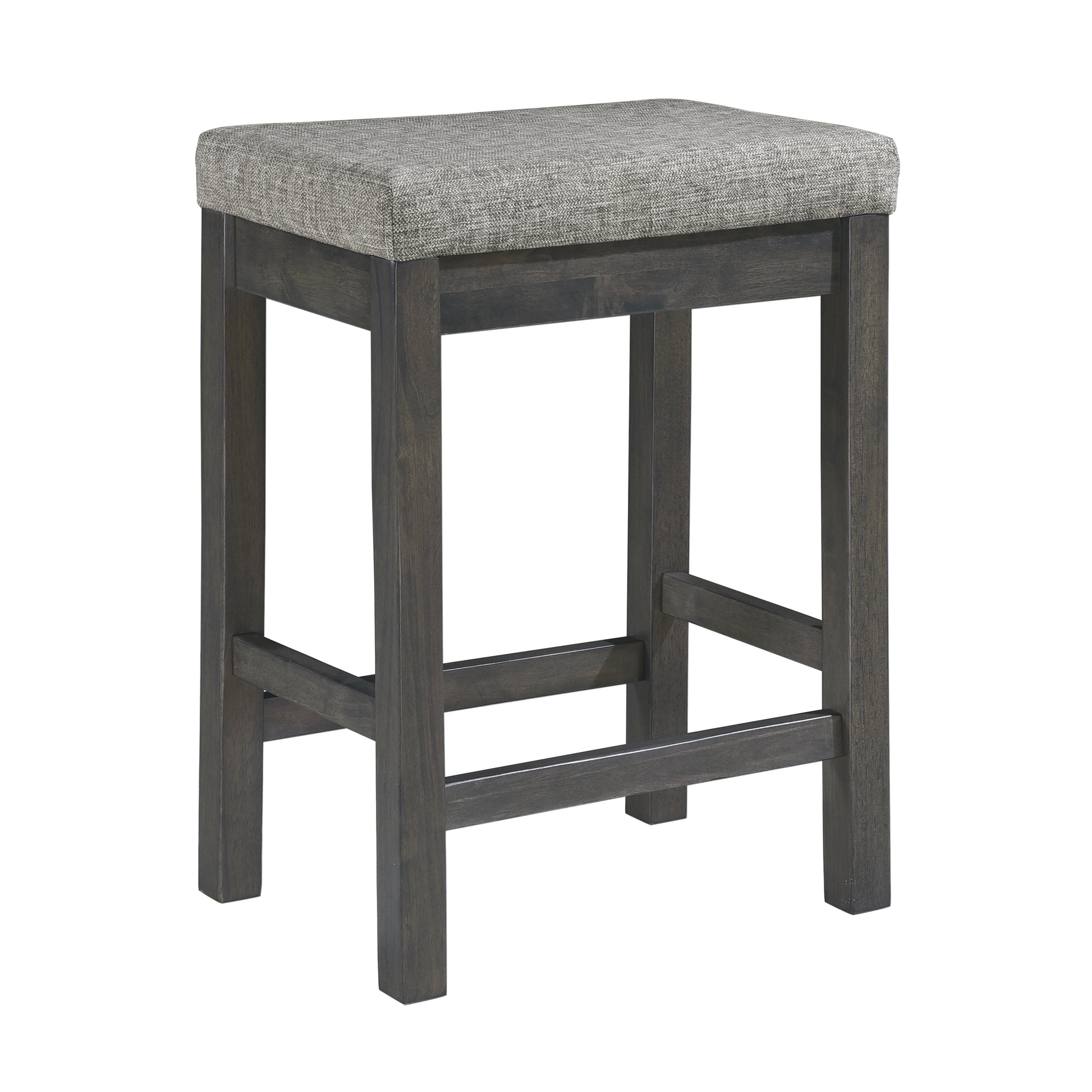 Gray upholstered counter height bar stool with dark wood frame perfect for kitchen islands