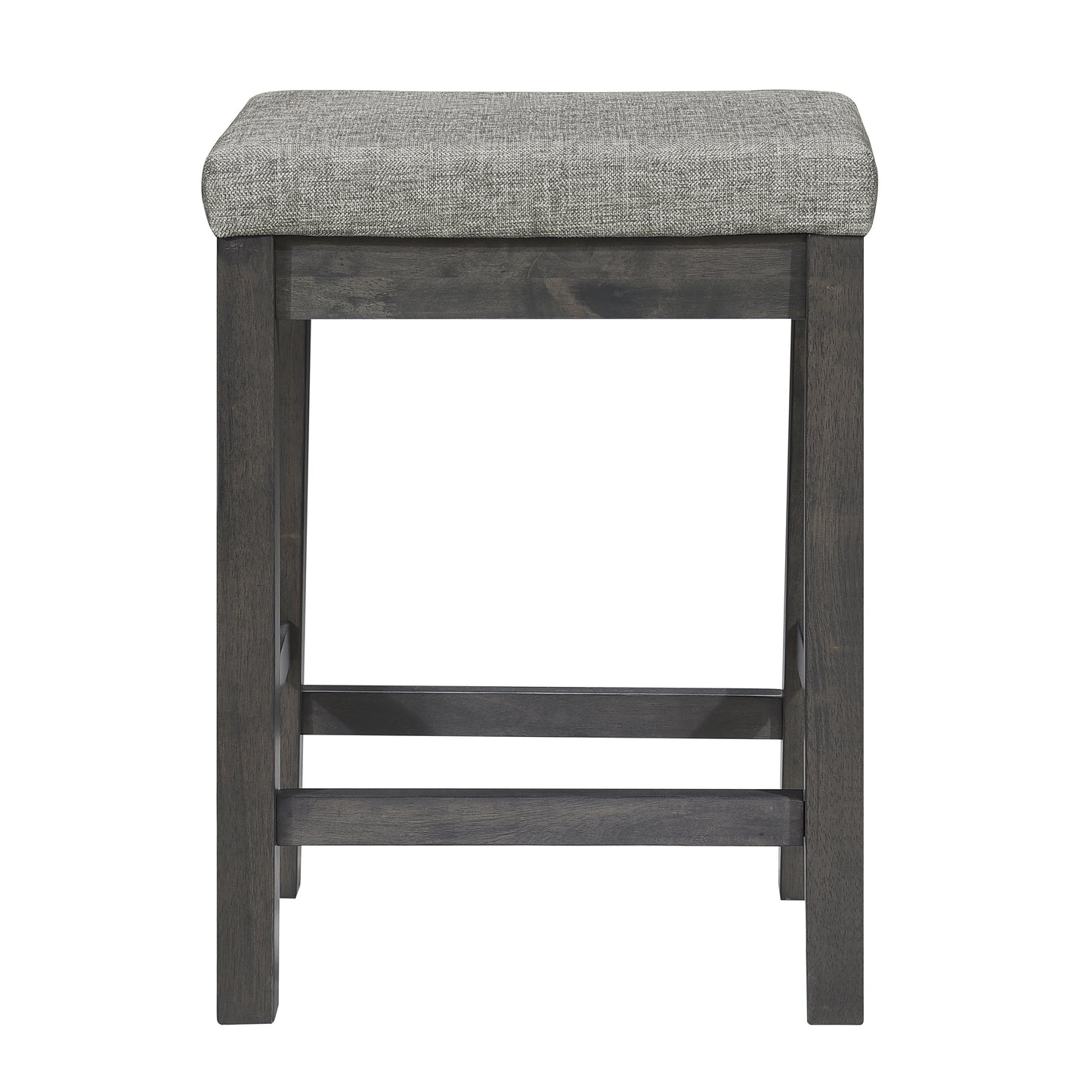 Grey upholstered counter stool with dark wood frame modern design