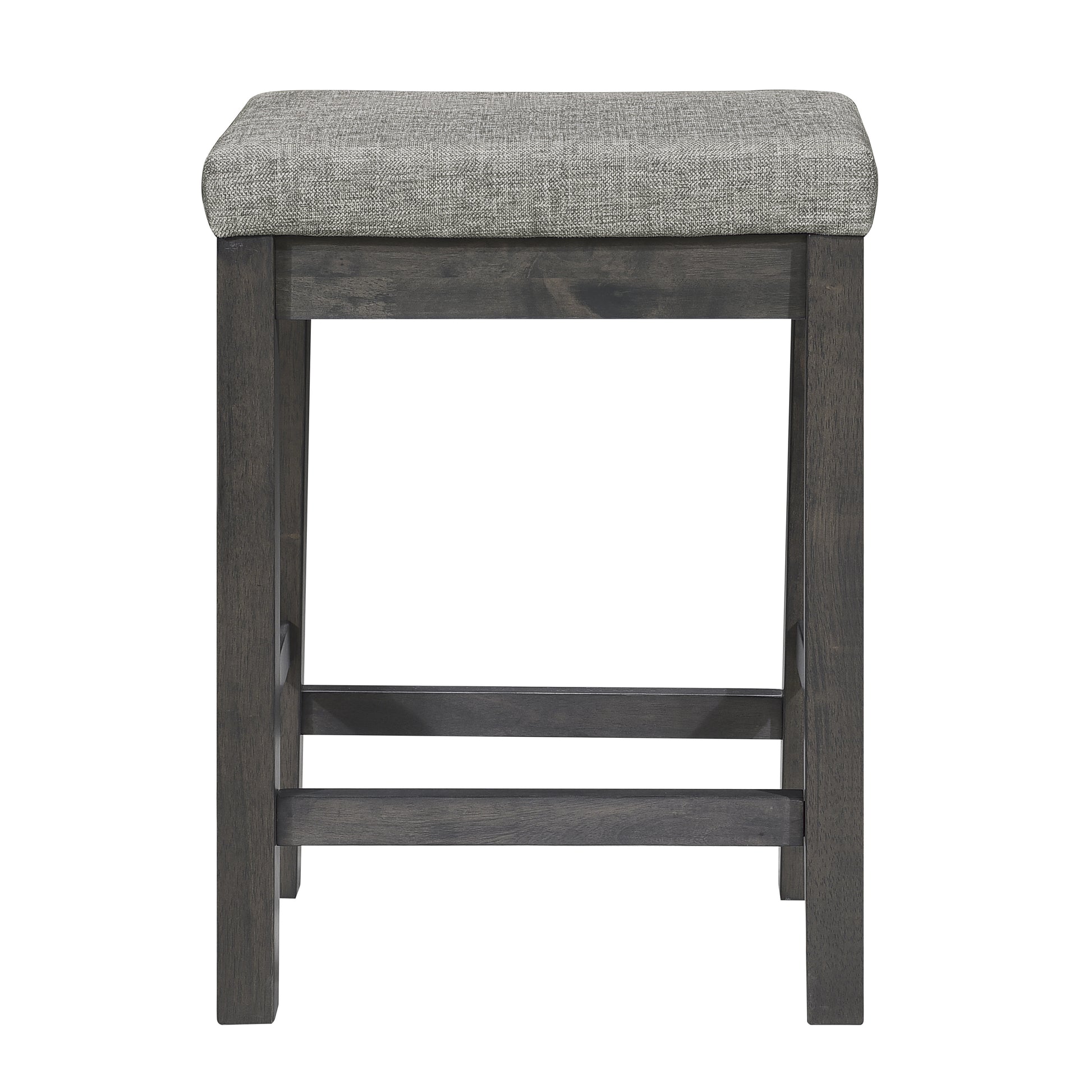 Grey upholstered counter stool with dark wood frame modern design