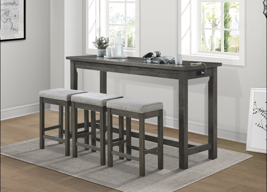 Dark gray wooden bar table with builtin charging station  gray upholstered stools