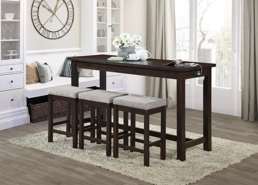 Dark wood counter height dining table with builtin charging station and three grey upholstered stools