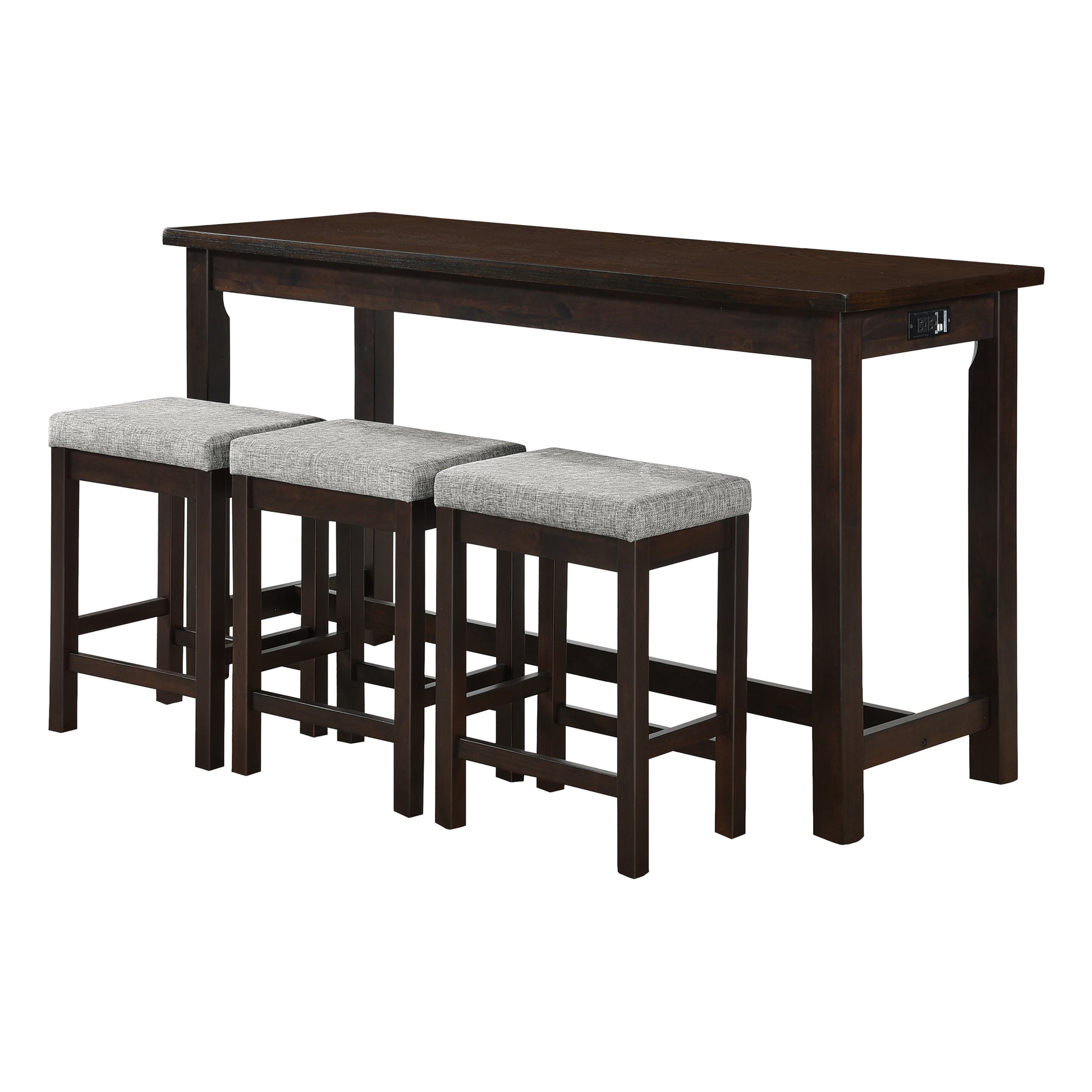 Dark wood counter height table with three grey upholstered stools and integrated power outlets