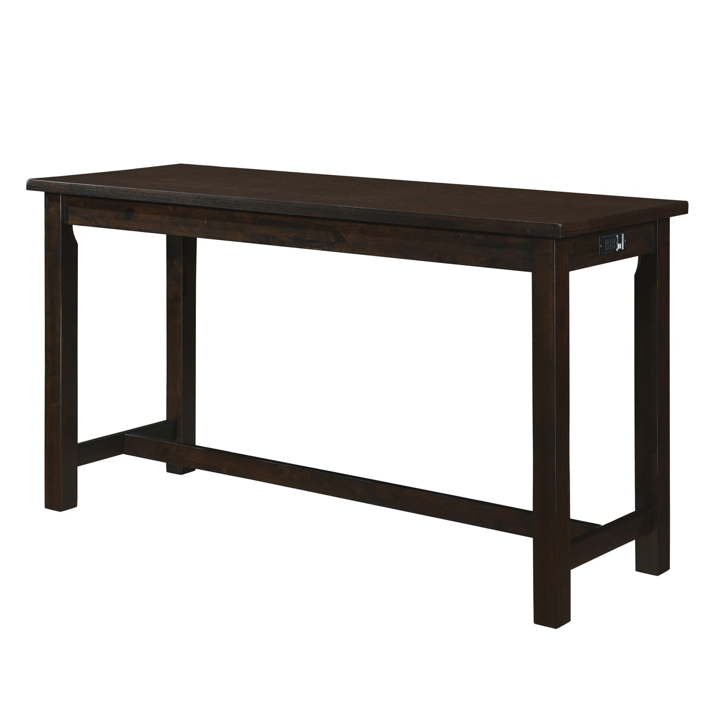 Dark brown wooden console table with integrated power outlet
