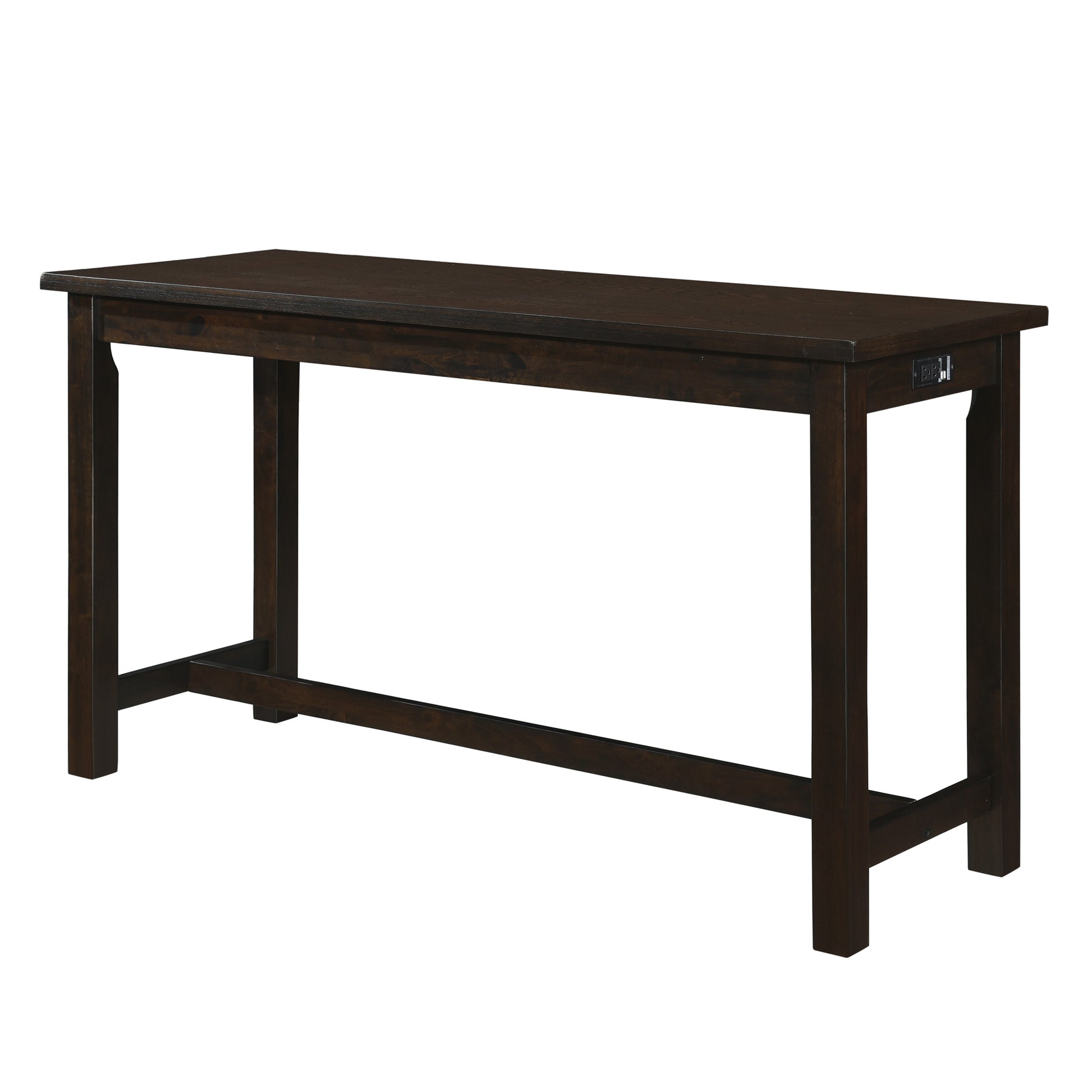 Dark brown wooden console table with integrated power outlet
