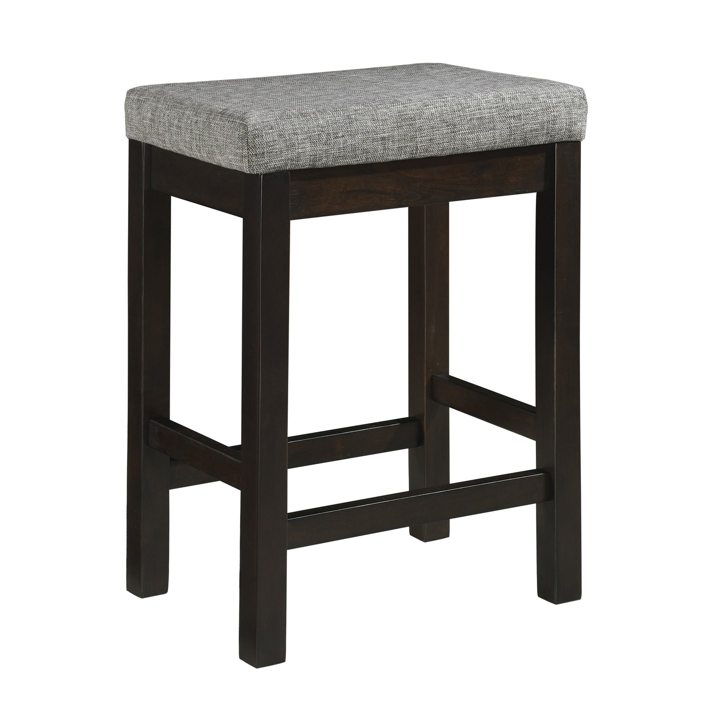 Dark wood counter stool with grey fabric upholstered seat