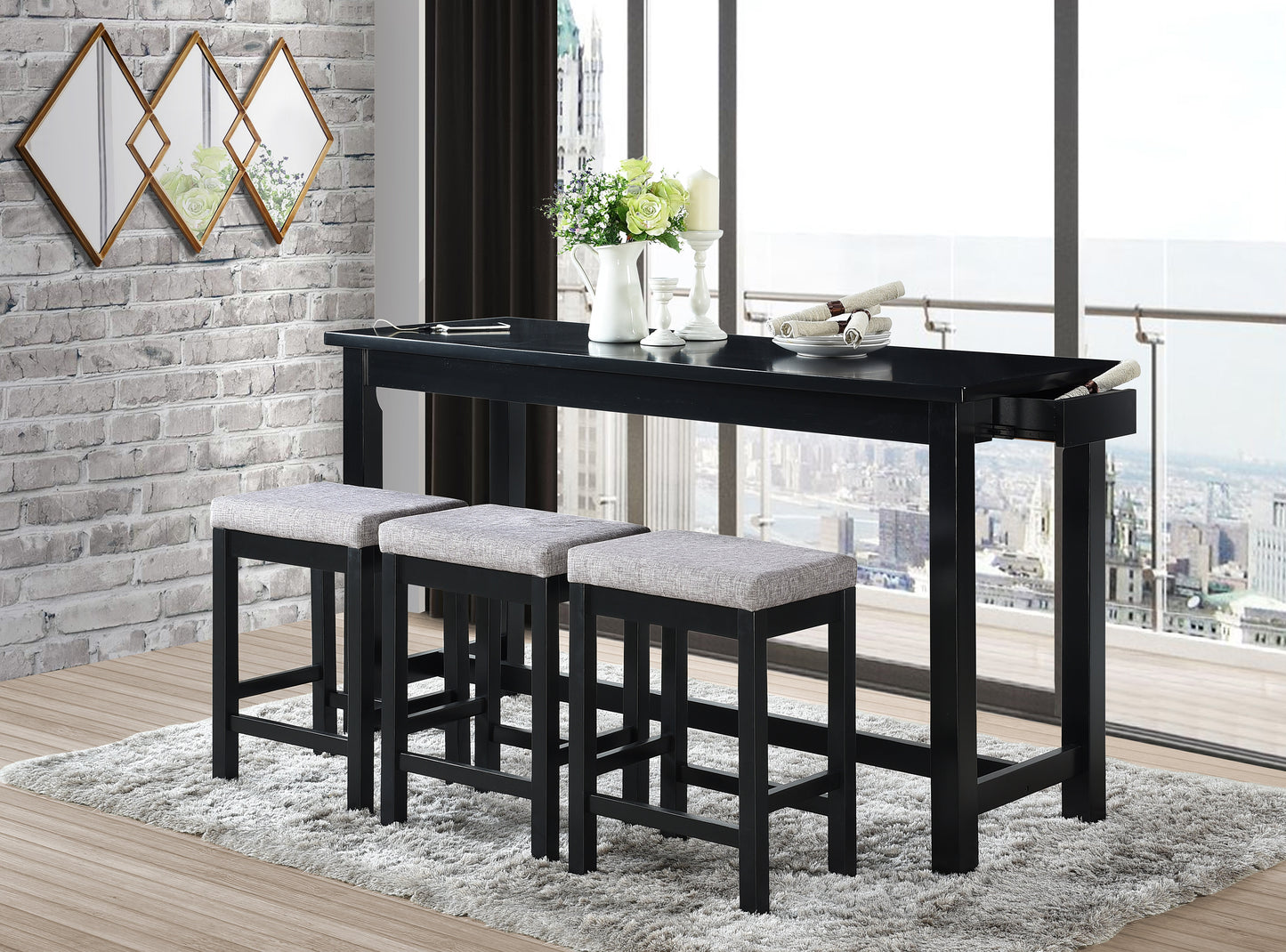TREATLIFE HOME 4-Piece Counter Height Dining Set with USB Ports and Power Outlets, Black Finish, Includes Table and 3 Stools