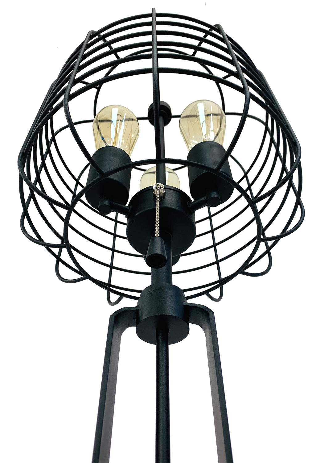 Industrial black metal floor lamp with three Edison bulbs and a cage design