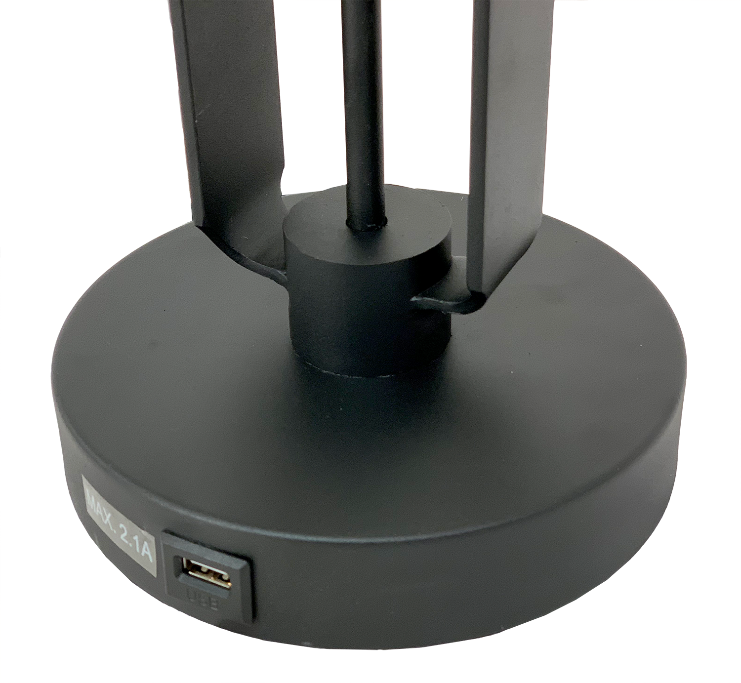 Black metal lamp base with integrated USB port for device charging