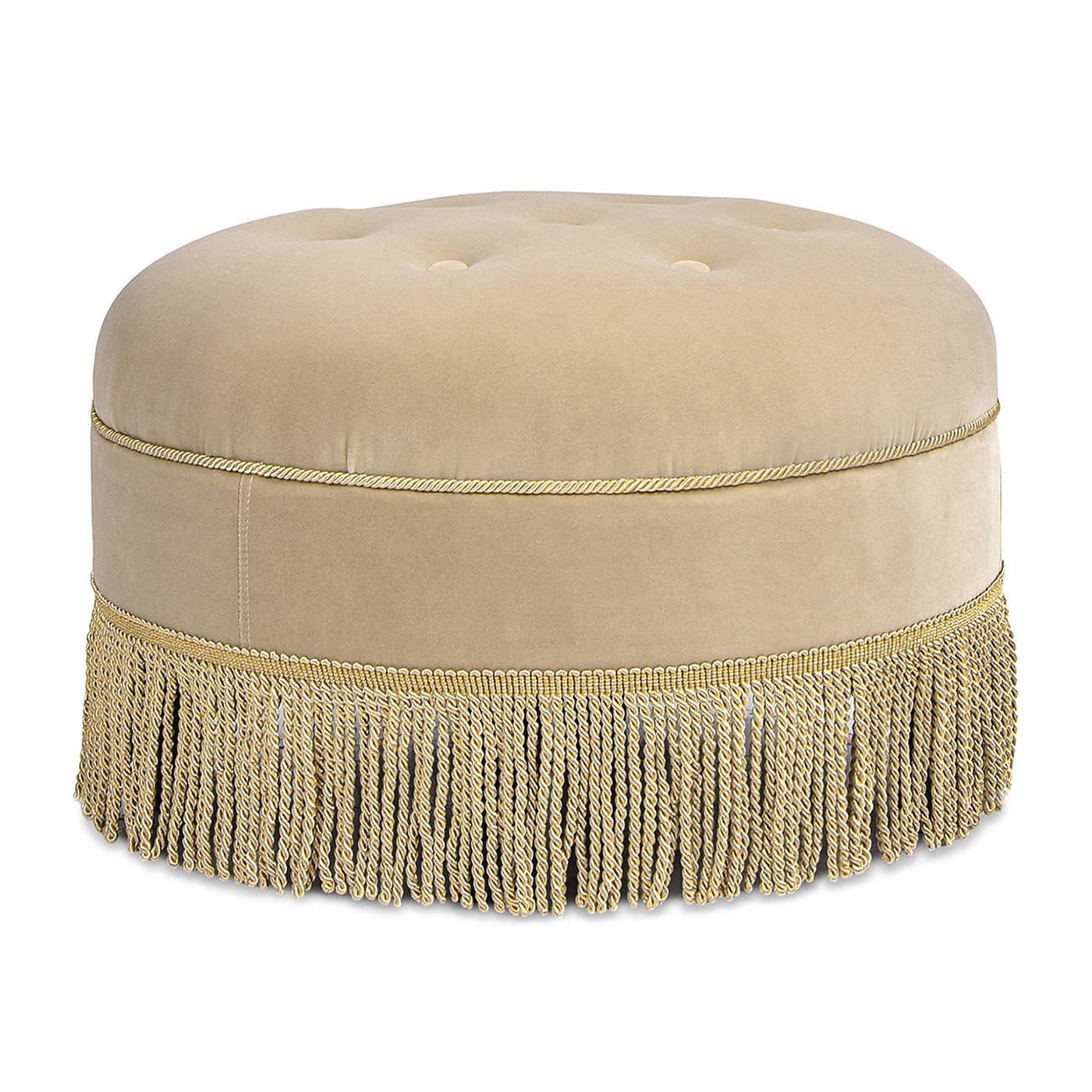 Tufted beige velvet round ottoman with decorative gold trim and fringe for living room seating