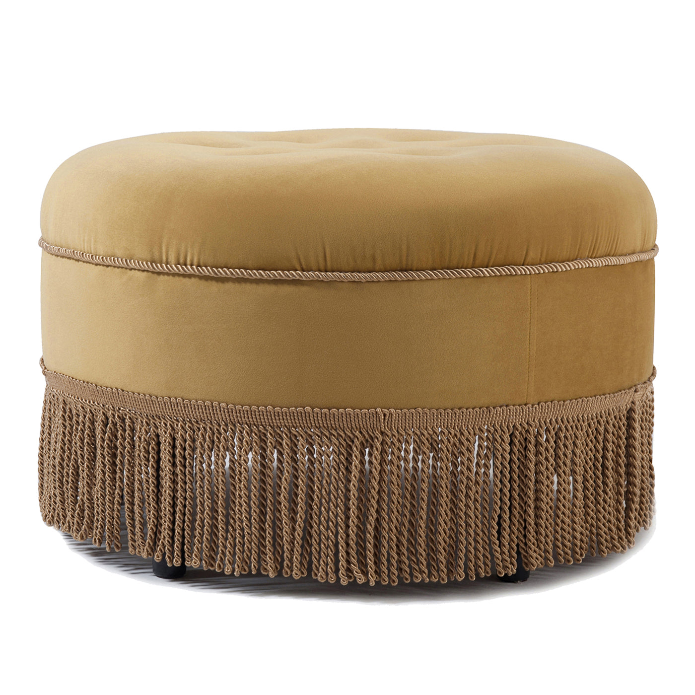 Round mustard velvet ottoman with decorative fringe and cord trim