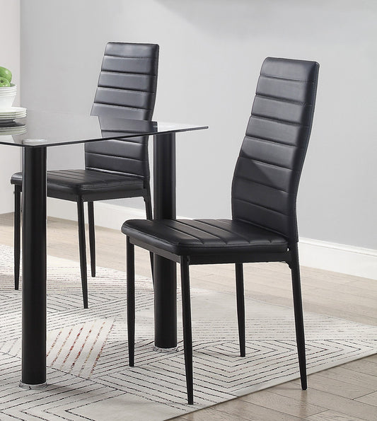 Modern black faux leather dining chair with padded seat and horizontal stitching