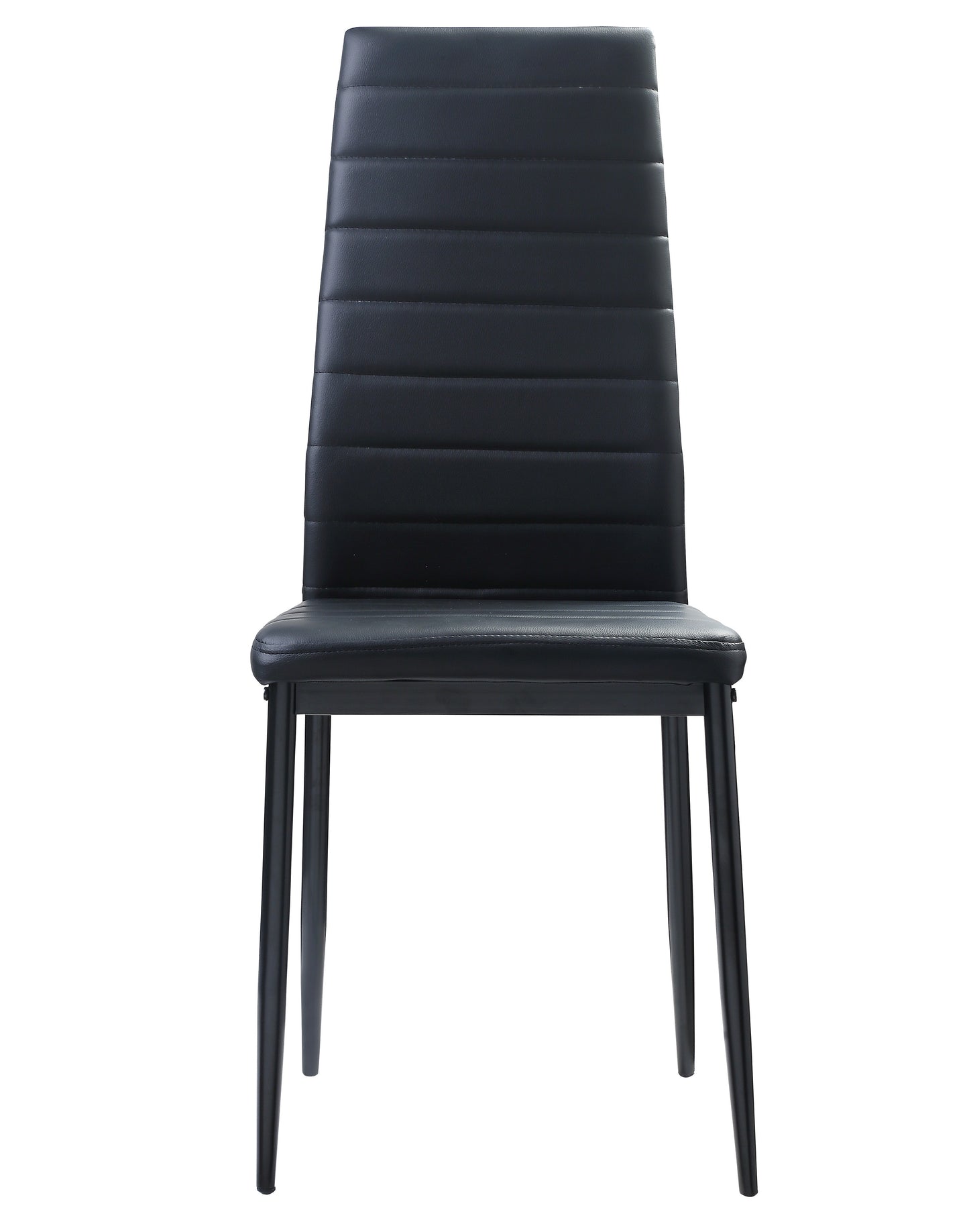 Black faux leather dining chair with horizontal stitching on backrest