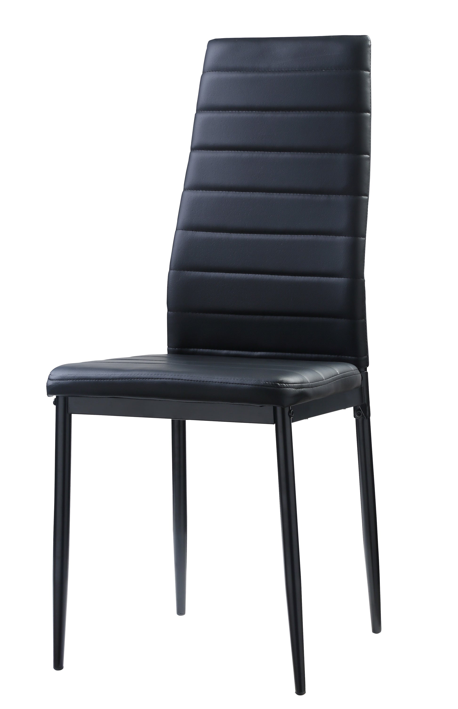 Sleek black faux leather dining chair with horizontal tufting and metal legs