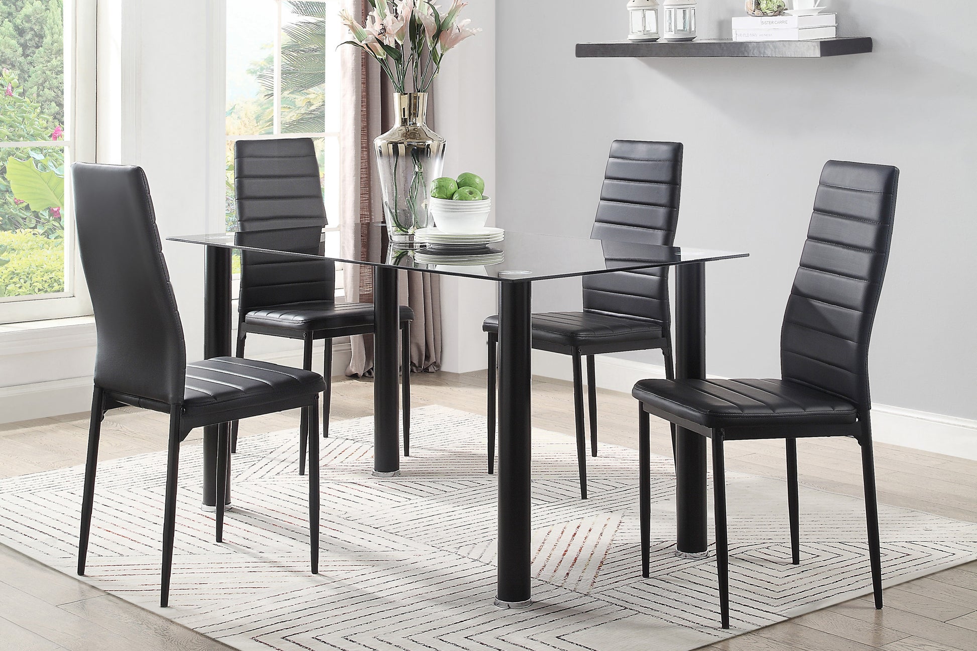 Black faux leather dining chair with ribbed backrest and chrome legs part of a modern set