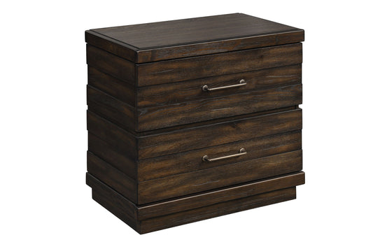 Dark brown wood nightstand with two drawers and brushed nickel handles modern design