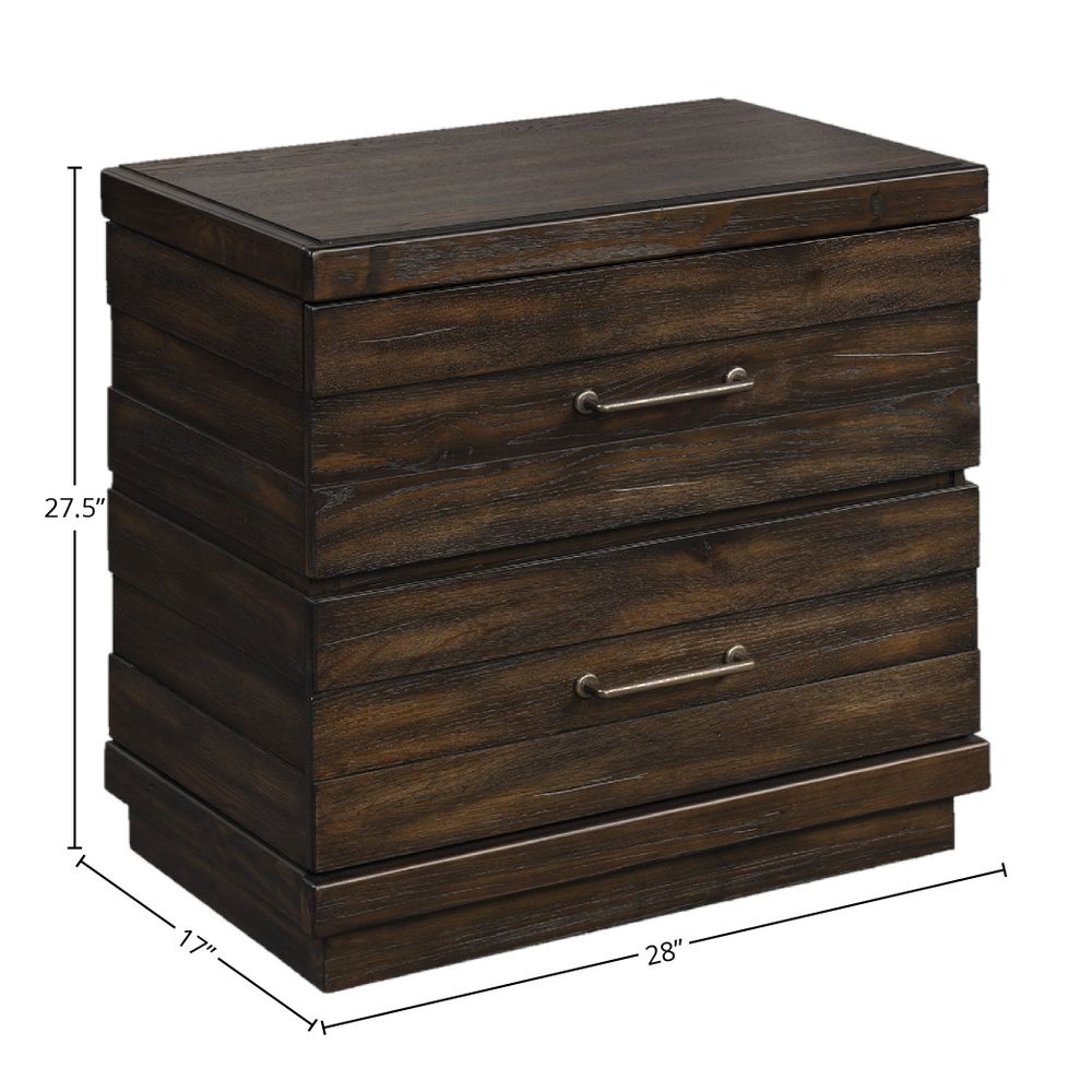 Dark wood twodrawer nightstand with horizontal plank drawer fronts and brushed metal pulls