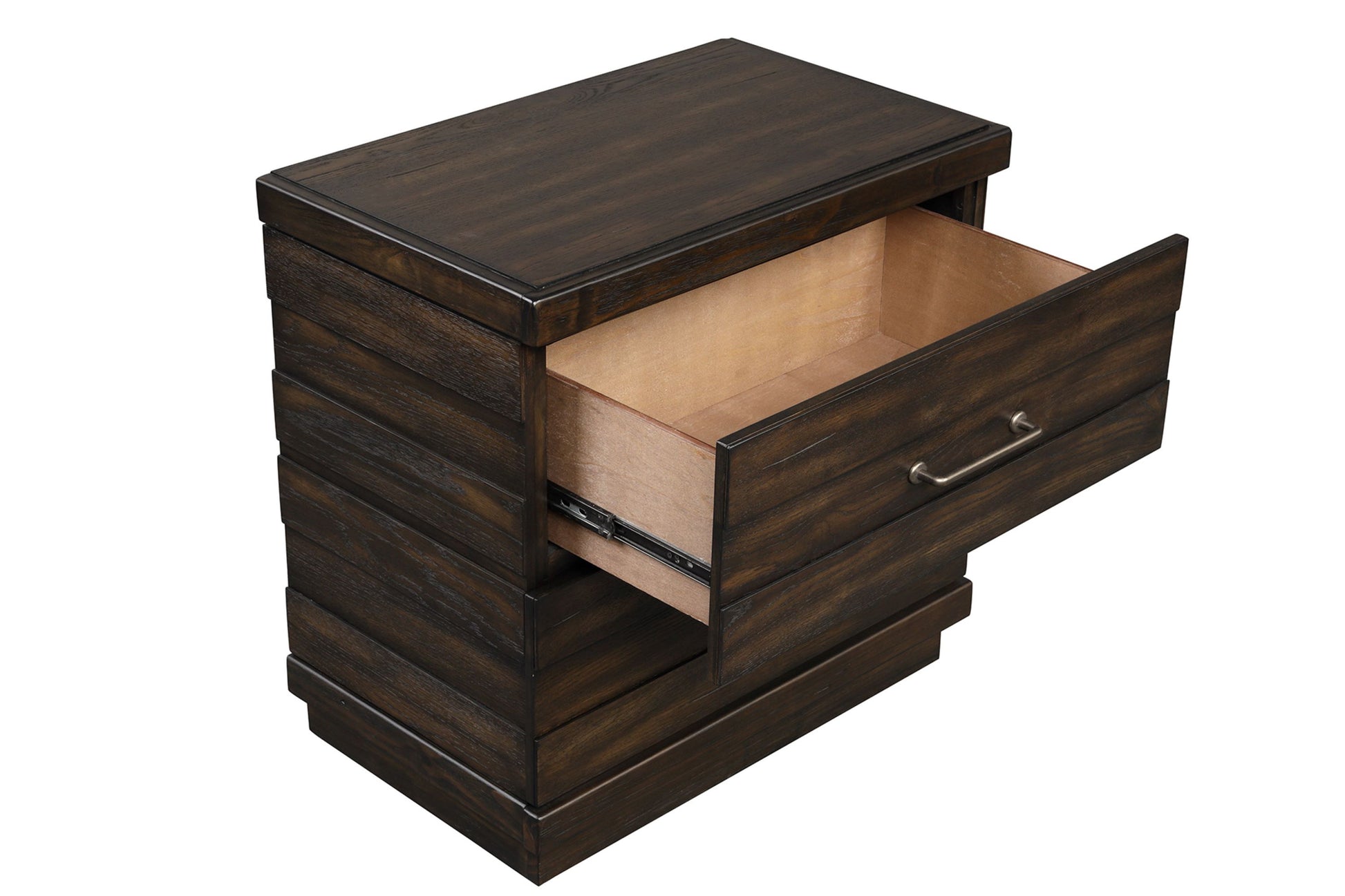 Dark wood modern nightstand with open drawer and brushed nickel handle  characters
