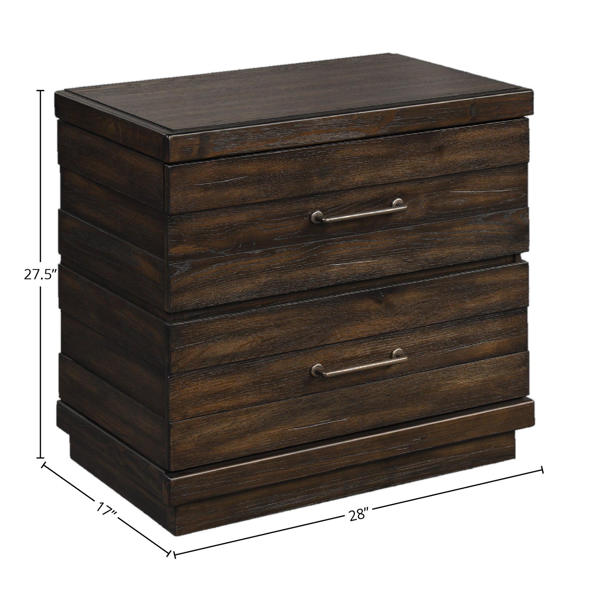 Dark brown wood dresser with two drawers and silver pull handles modern design