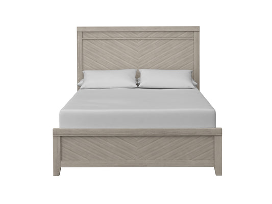 Light gray wooden queen bed frame with chevron pattern headboard and footboard