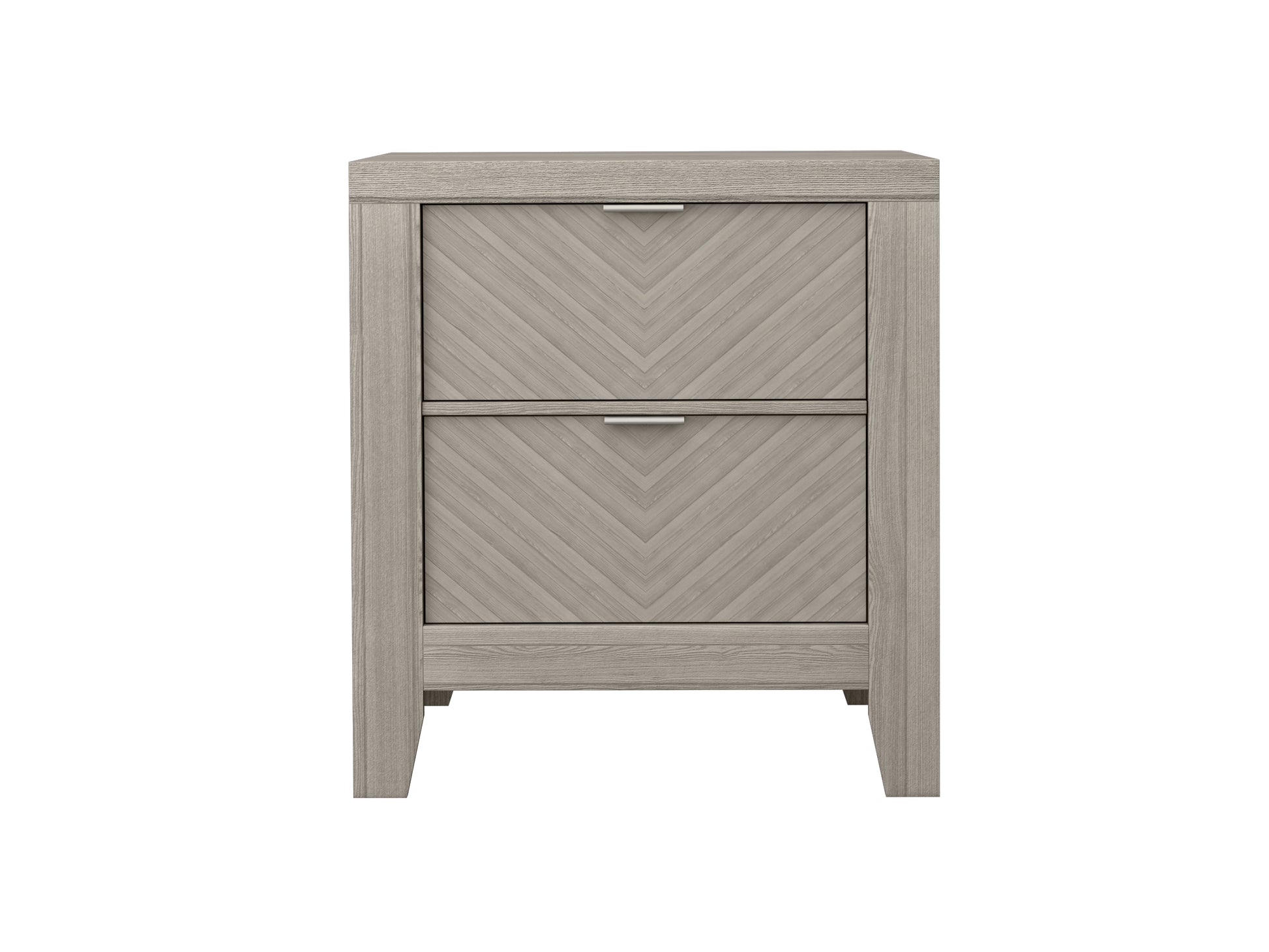 Gray washed wood nightstand with chevron drawer fronts and brushed nickel pulls