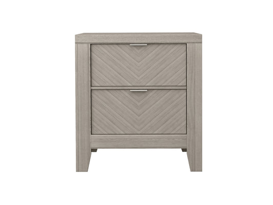 Gray washed wood nightstand with chevron drawer fronts and brushed nickel pulls