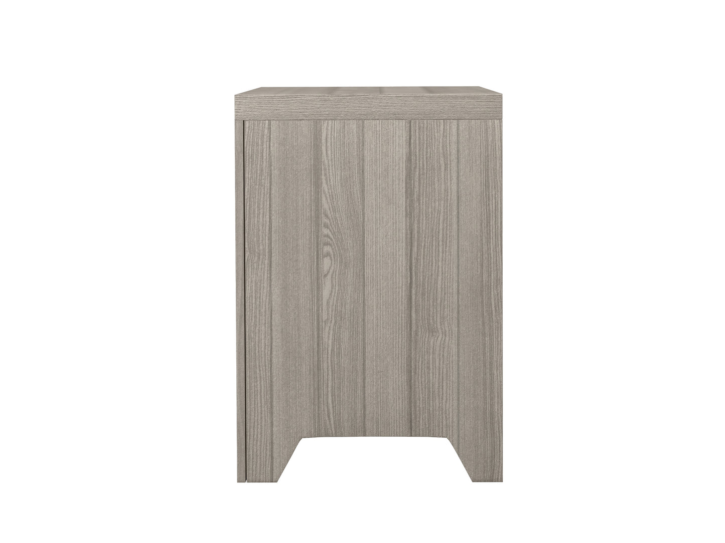Modern grey wood grain bedside table with subtle textured detailing and minimalist design