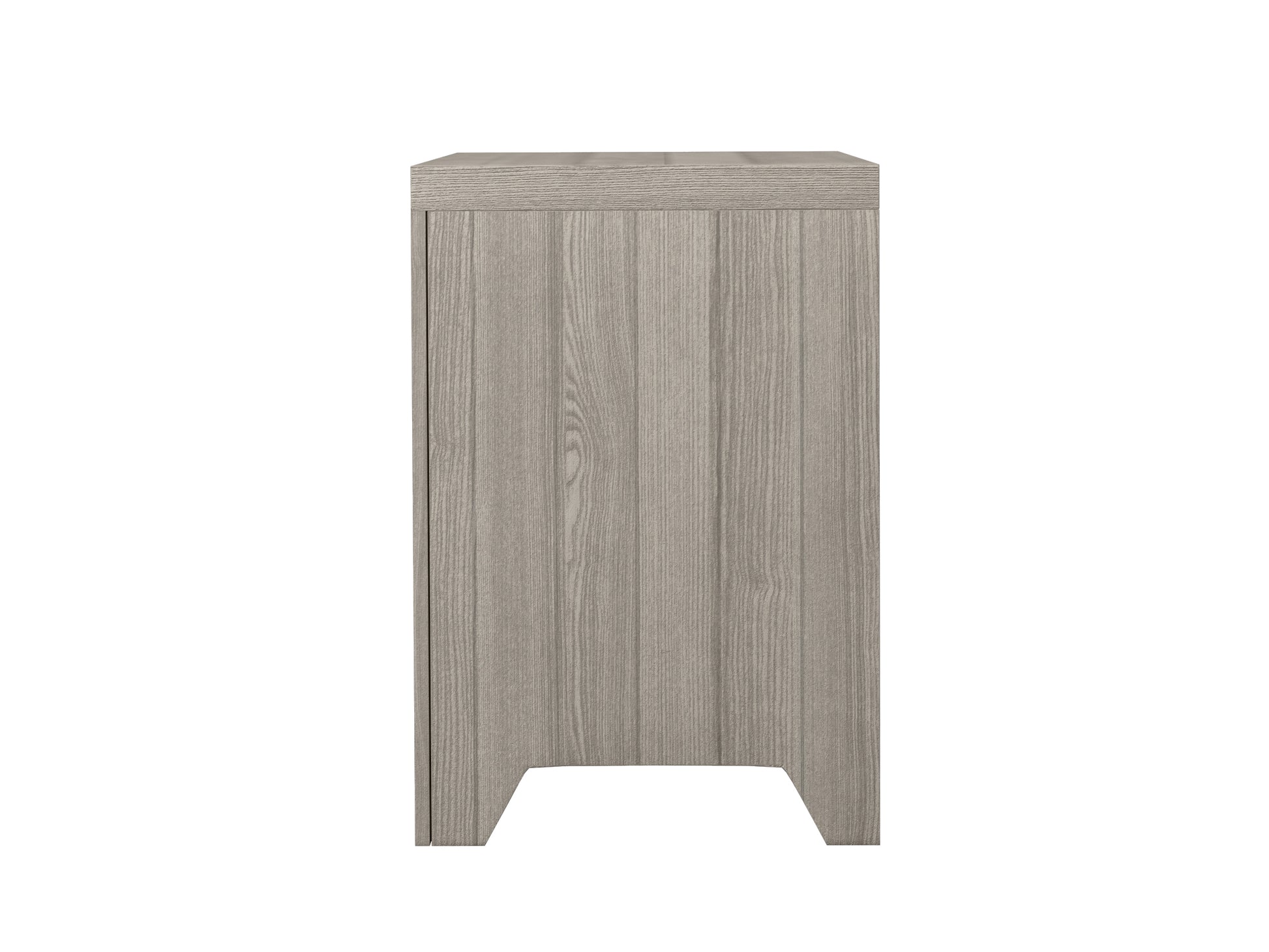 Modern grey wood grain bedside table with subtle textured detailing and minimalist design