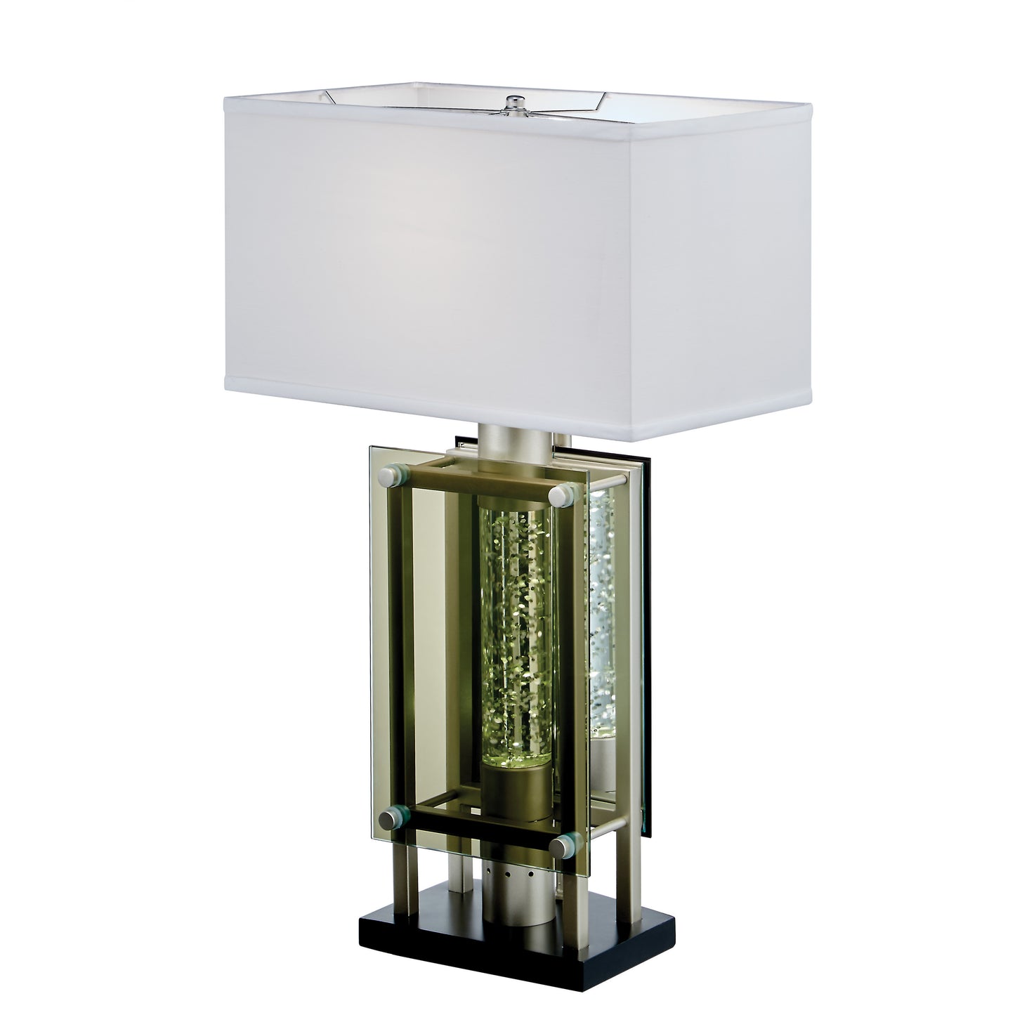 Modern table lamp with brushed nickel finish and white rectangular shade