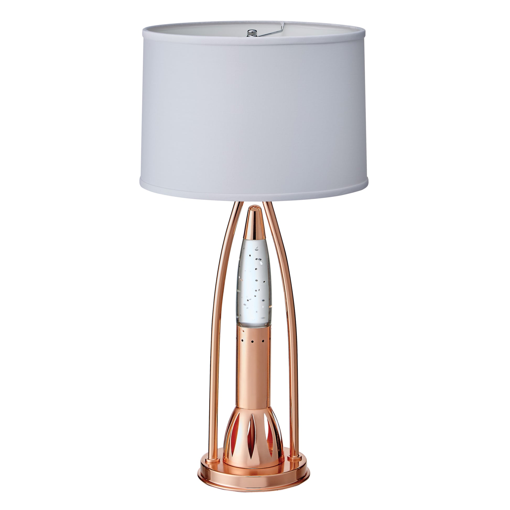 Rose gold lava lamp table lamp with a clear cylinder and silver glitter inclusions