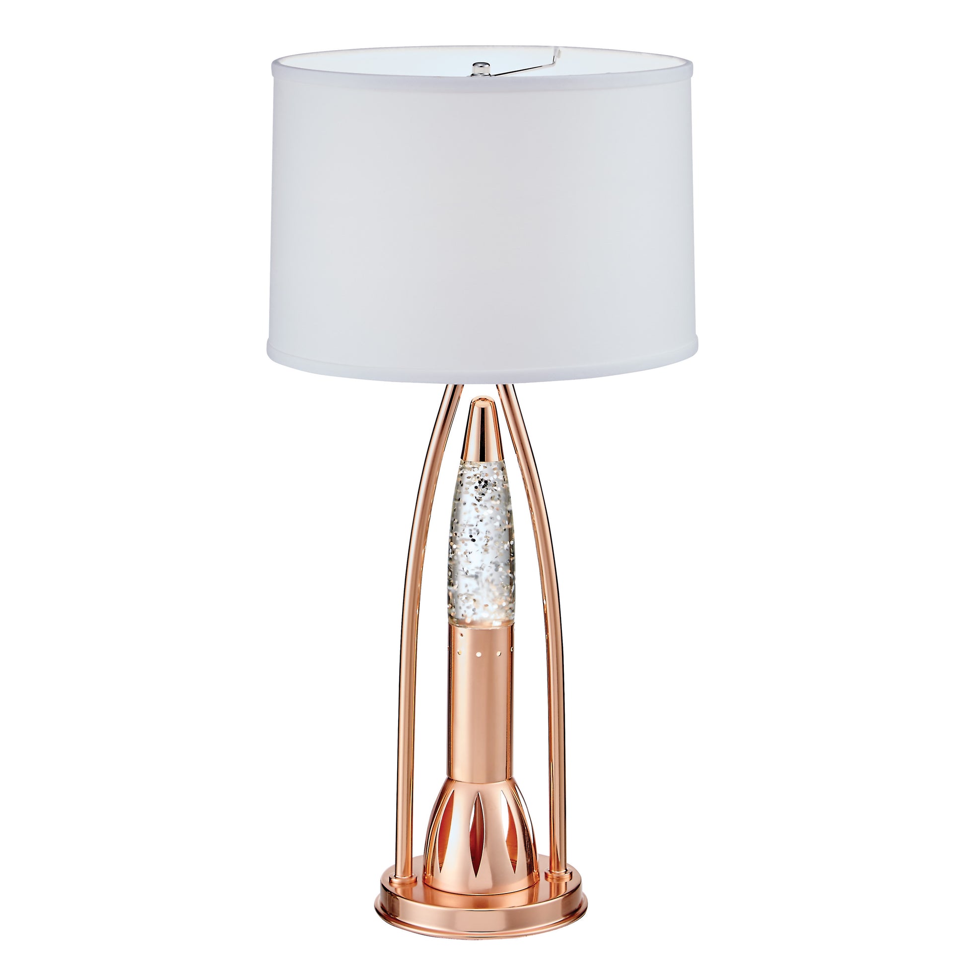 Rose gold desk lamp with glitterfilled cylinder and white drum shade