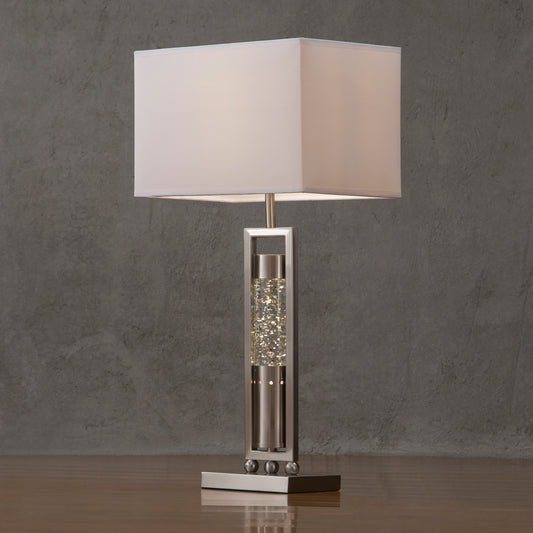 Modern brushed nickel table lamp with clear crystal accents and white rectangular shade