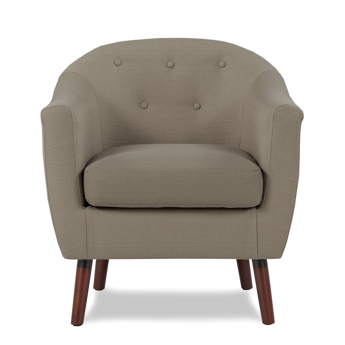 Taupe fabric accent chair with button tufting and tapered wooden legs
