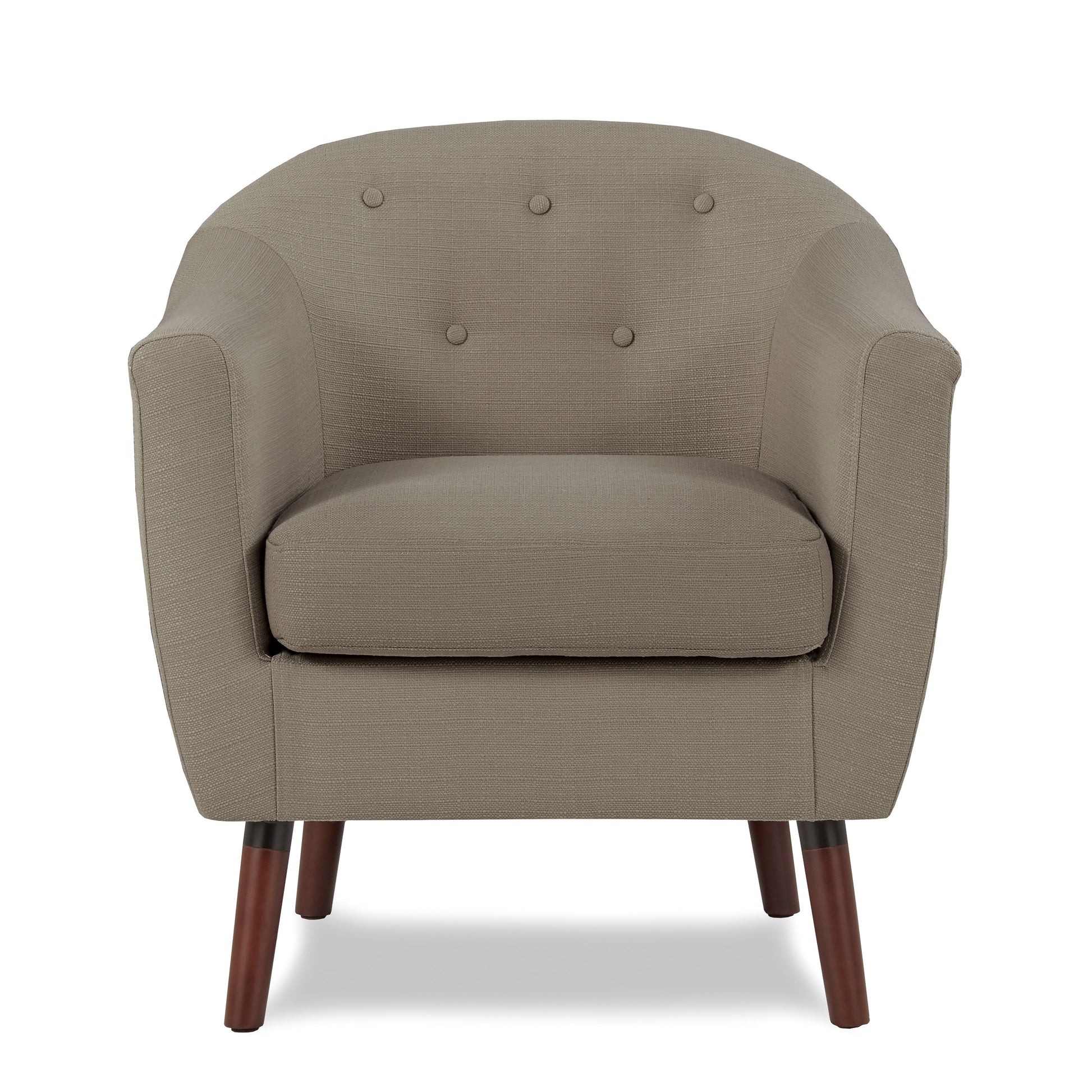Taupe fabric accent chair with button tufting and tapered wooden legs