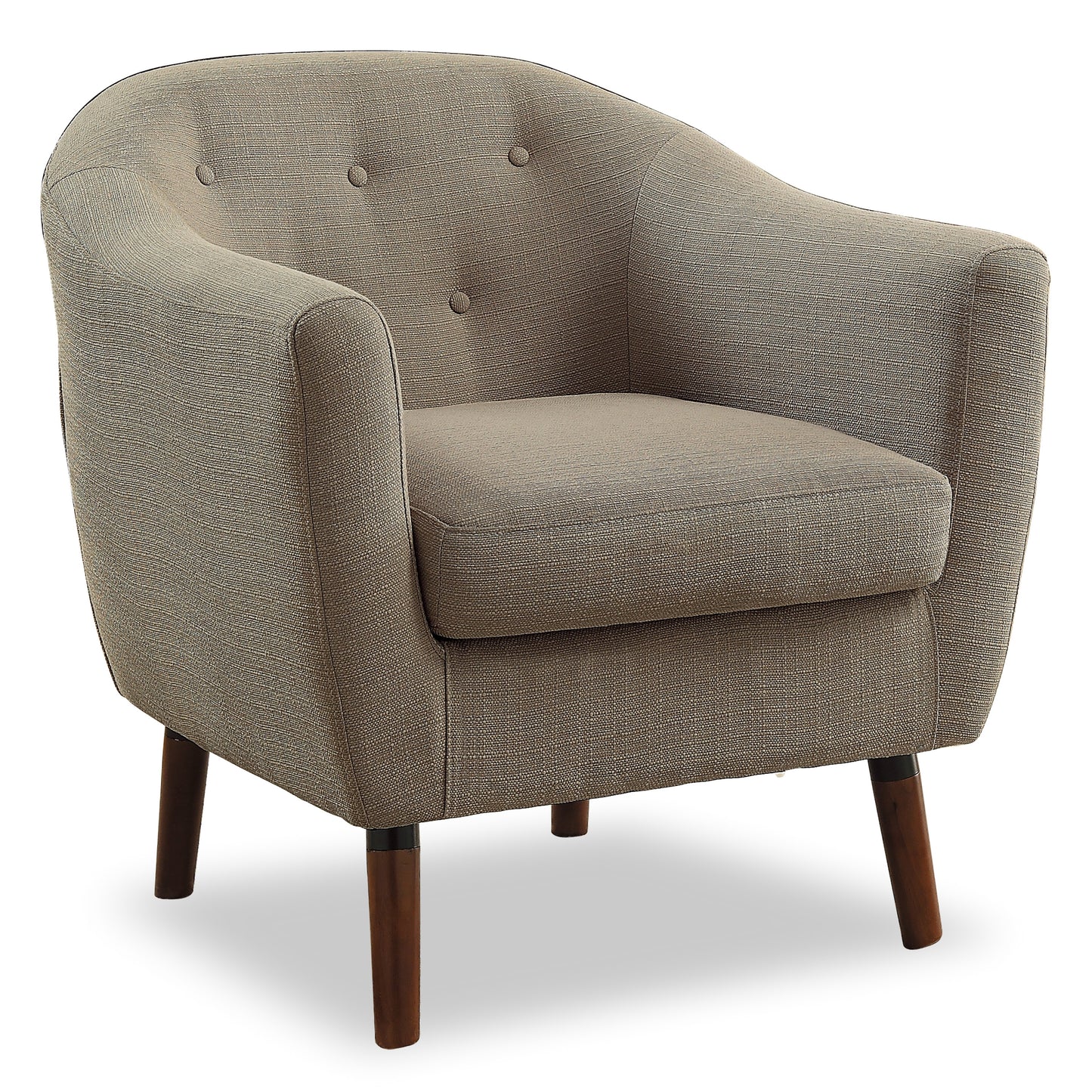 Tufted grey fabric accent chair with rounded back and dark wood legs