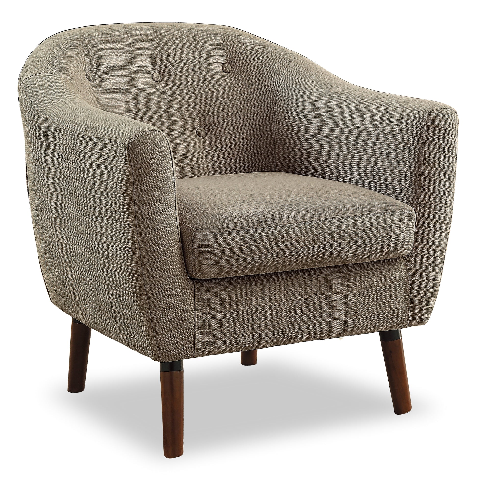 Tufted grey fabric accent chair with rounded back and dark wood legs