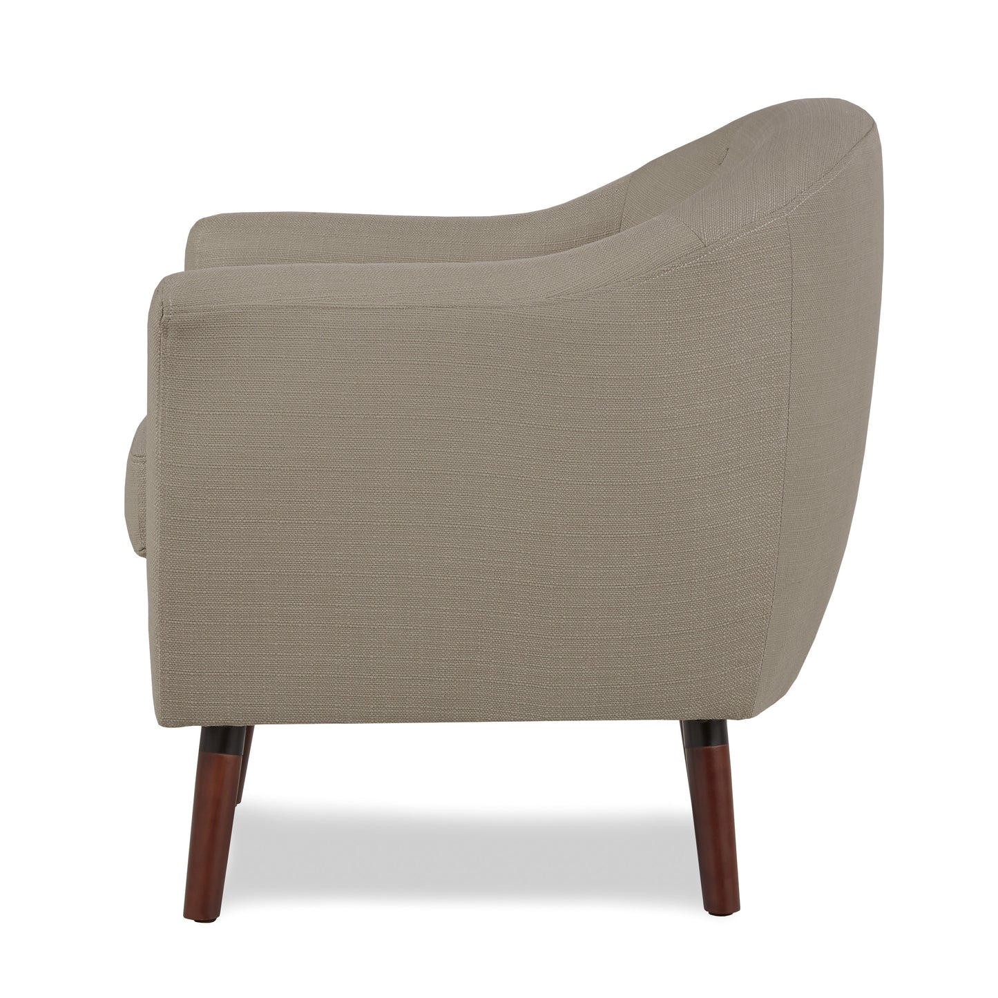 Tan fabric accent chair with curved back and dark wood legs