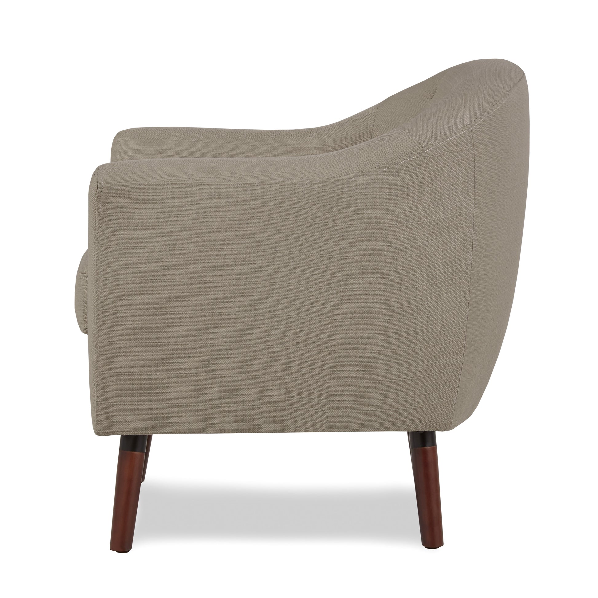 Tan fabric accent chair with curved back and dark wood legs