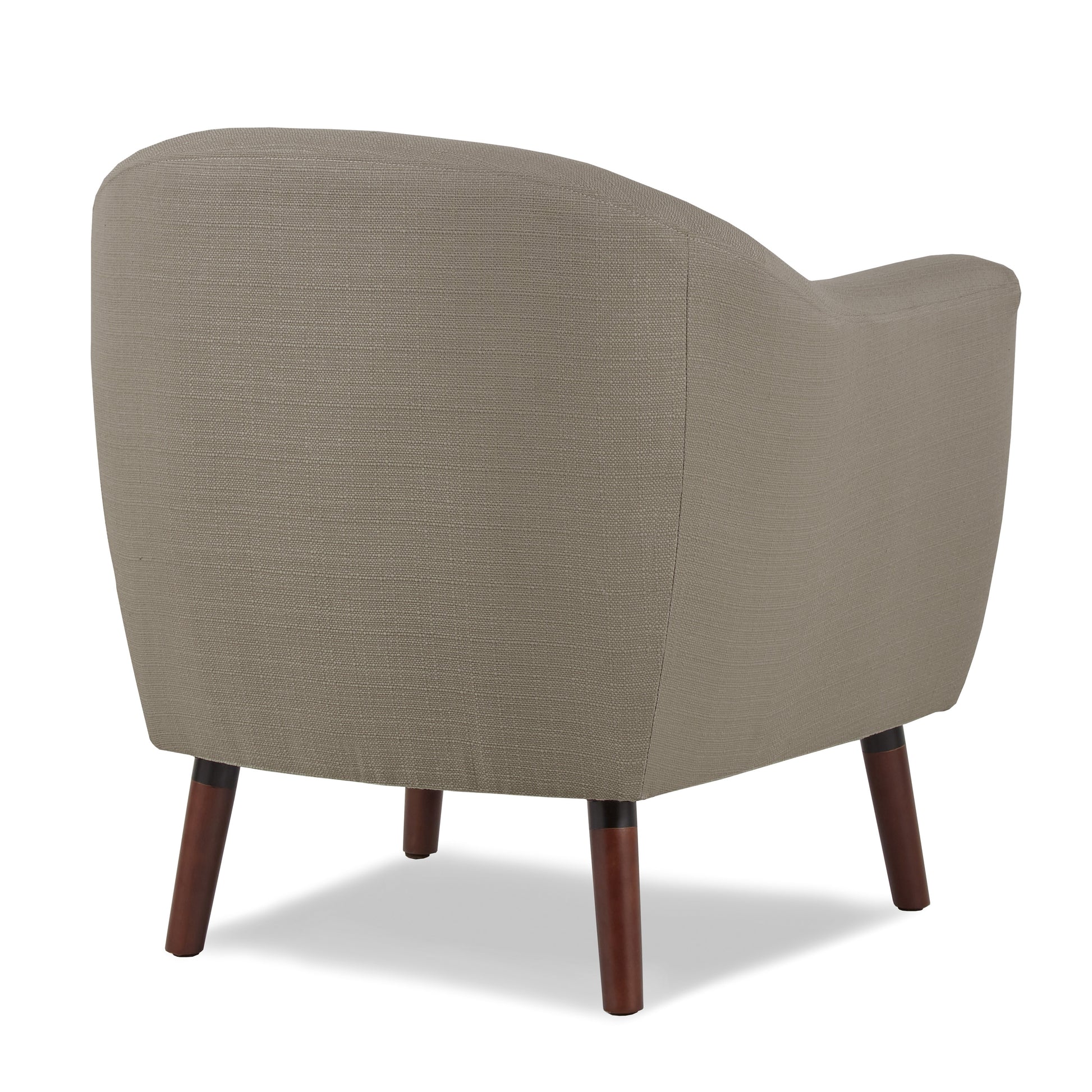 Taupe upholstered accent chair with tapered wooden legs midcentury modern style