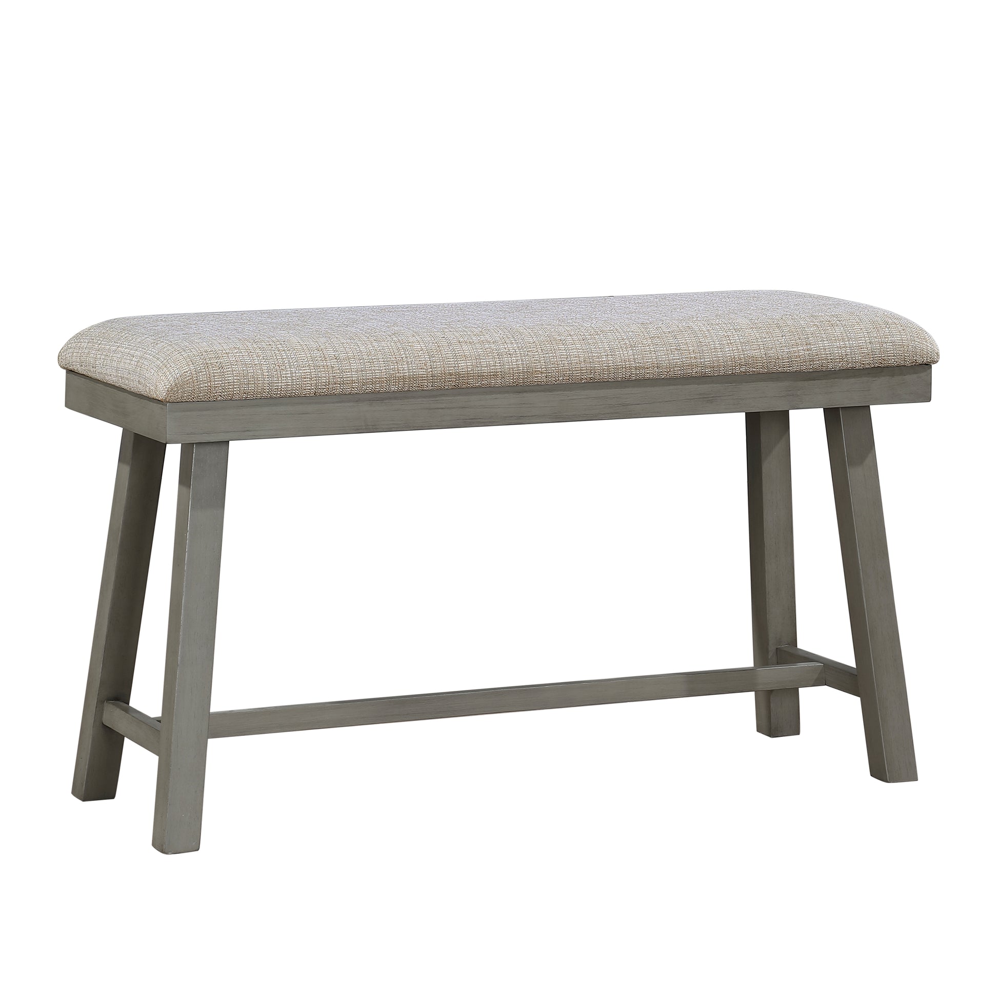 Gray wooden bench with textured beige upholstered seat for entryway decor