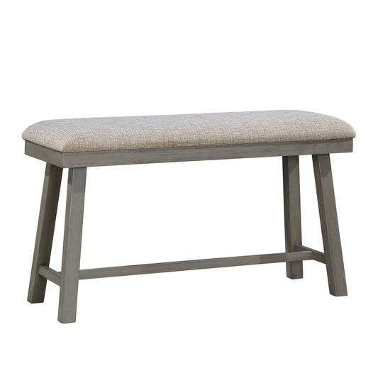 Gray wooden bench with textured beige upholstered seat for entryway decor