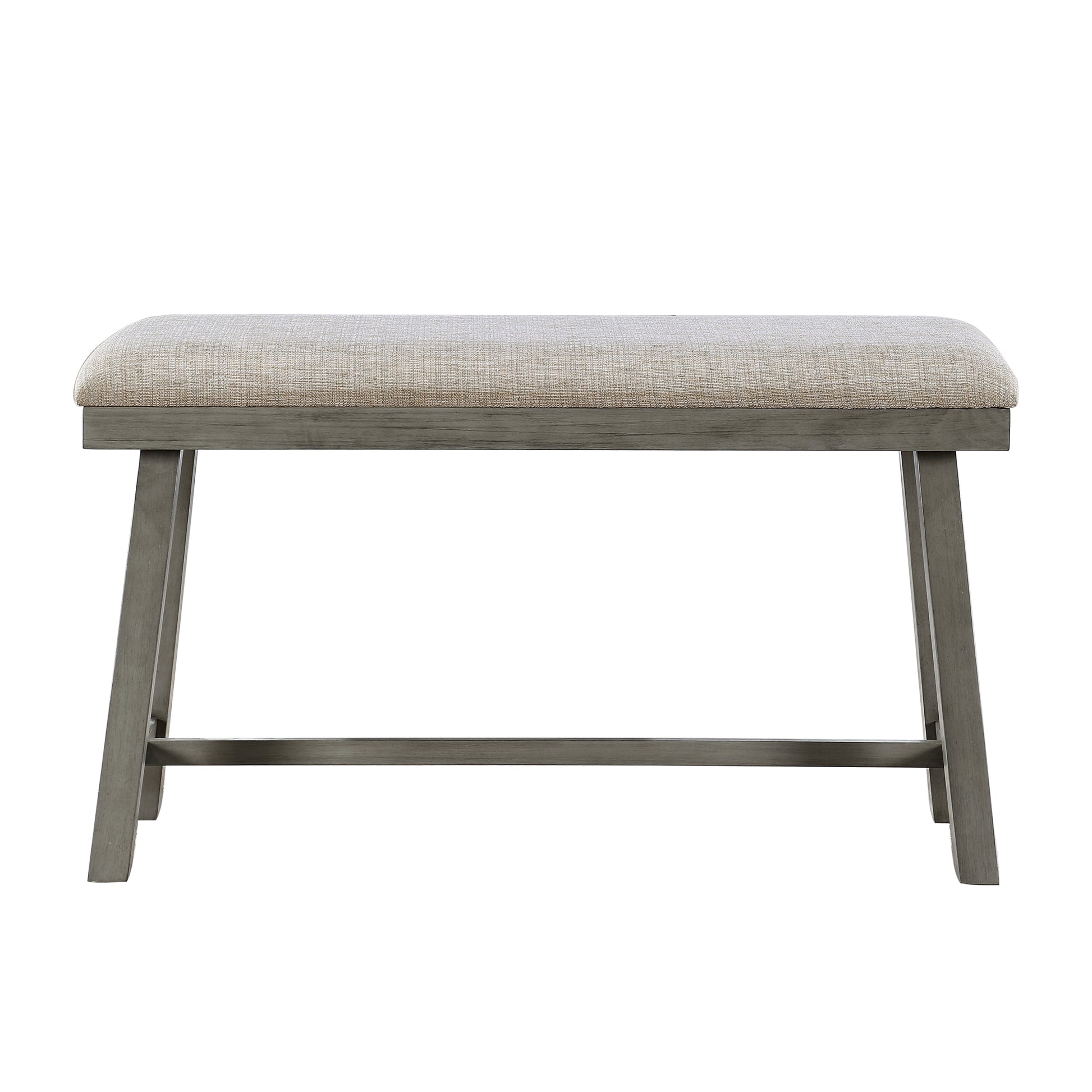 Grey upholstered dining bench with natural wood legs and stretcher bar